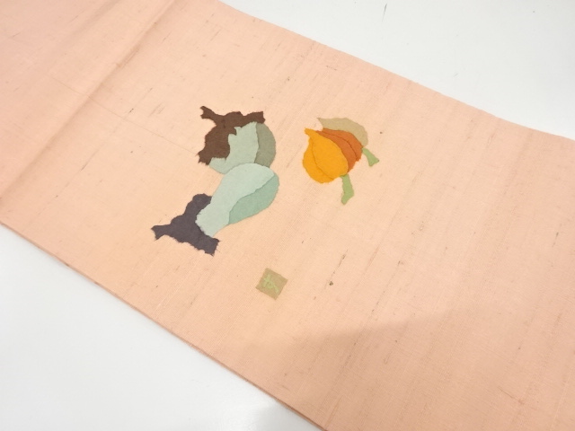 作家物　節紬　ちぎり絵　茄子に鬼灯模様　名古屋帯